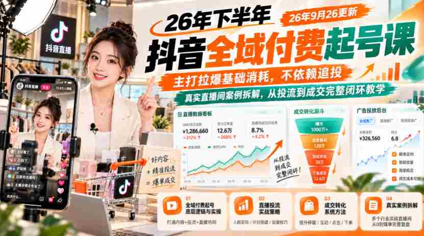 26年下半年抖音全域付费起号课26年9月26更新,主打拉爆基础消耗,不依赖追投,真实直播间案例拆解,从投流到成交完整闭环教学