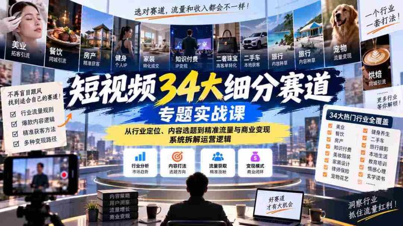 揭秘短视频34个热门领域实战攻略:深入剖析行业定位、内容策划、流量获取与商业转化,全方位解析运营策略-湘创网