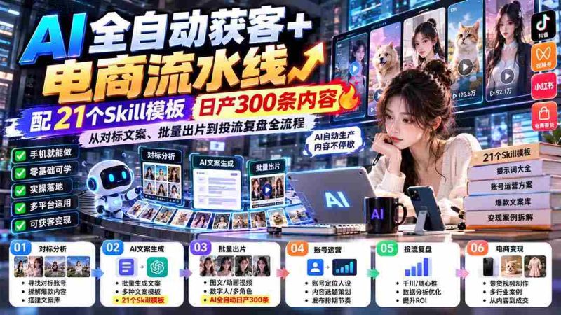 全新升级】AI智能化客户获取+电商内容生产线-最新版0928：附赠21款技能模板，日产出300篇高质量内容，涵盖对标文案、批量制作和投放广告的全环节-湘创网