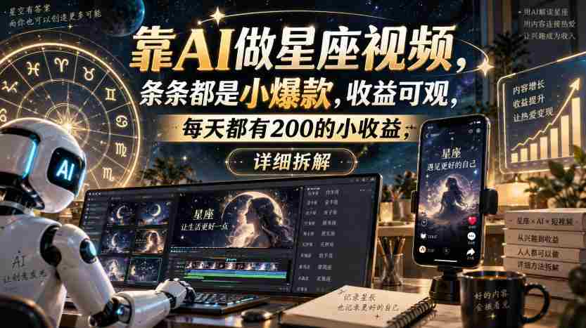 靠AI做星座视频，条条都是小爆款，收益可观，每天都有200的小收益，详细拆解-湘创网