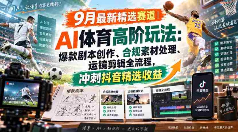 某大佬的9月最新精选赛道之AI体育顶级玩法，爆款剧本创作、版权规避、运镜剪辑全流程，稳拿抖音精选收益-湘创网