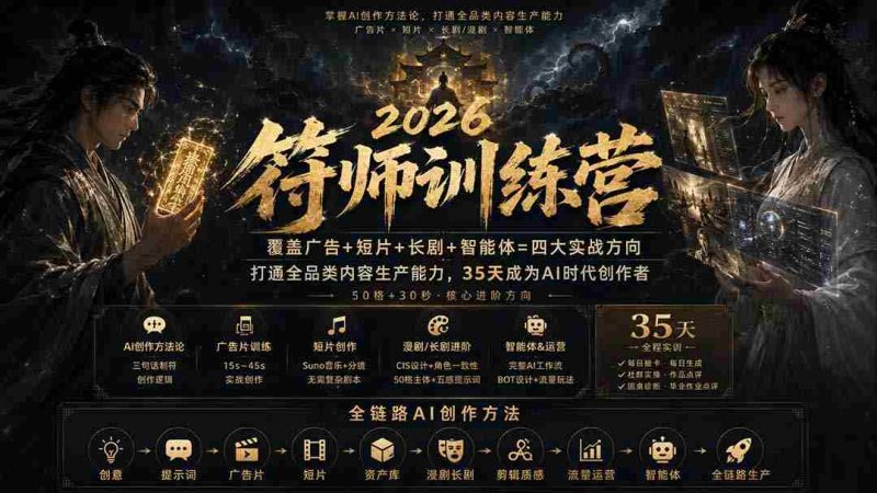 (20186期)符师训练营-35天成为AI时代创作者,广告+短片+长剧+智能体四大实战方向,掌握从创意到上线的完整工作流-湘创网