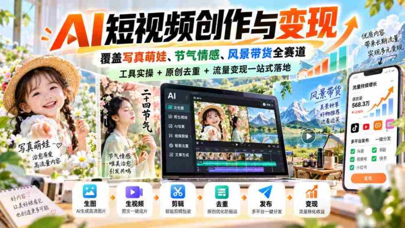 探索AI短视频全领域创作与盈利,涵盖萌娃写真、节气情感、风光带货,一网打尽工具应用、原创去重、流量变现全攻略-湘创网