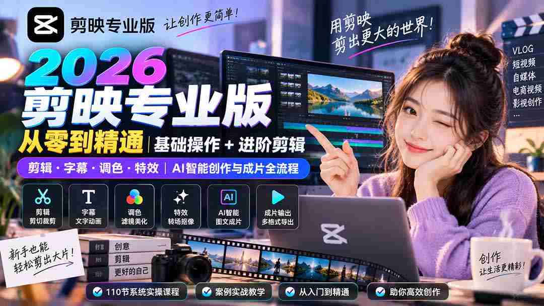 （20276期）2026剪映专业版从零到精通｜基础操作+进阶剪辑｜剪辑·字幕·调色·特效｜AI智能创作与成片全流程-湘创网