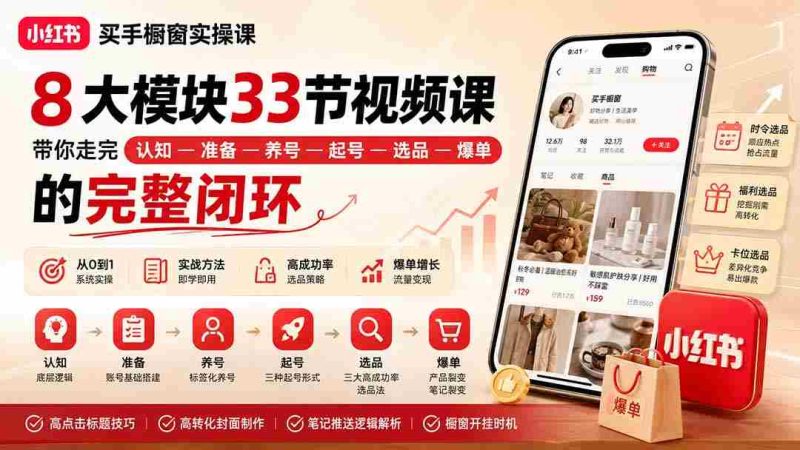 (20217期)小红书买手橱窗实操课:8大模块33节视频课,带你走完”认知—准备—养号—起号—选品—爆单”的完整闭环-湘创网