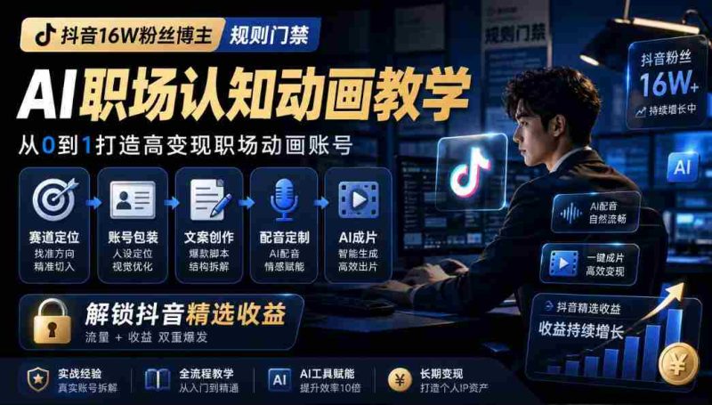 抖音16W粉丝博主规则门禁的AI职场认知动画教学,从赛道定位、账号包装,到文案创作、配音定制、AI成片,解锁抖音精选收益-湘创网
