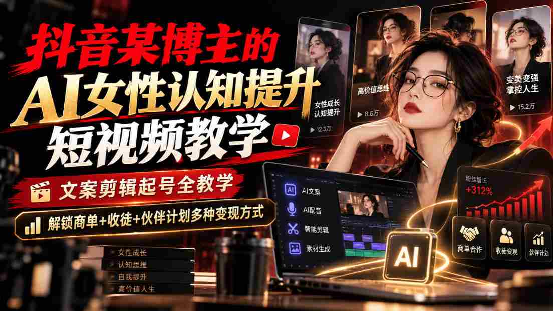 抖音某博主的Ai女性认知提升短视频教学,文案剪辑起号全教学,解锁商单+收徒+伙伴计划多种变现方式