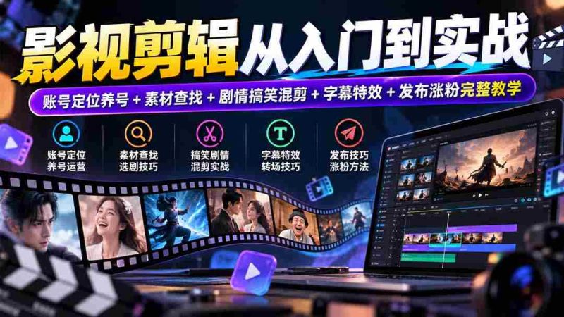 影视剪辑从入门到实战:账号定位养号+素材查找+剧情搞笑混剪+字幕特效+发布涨粉完整教学-湘创网