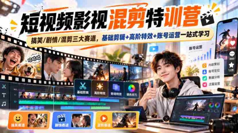 影视混剪达人速成班:笑料百出/剧情跌宕/混剪高手争霸,从基础剪辑到高级特效,再到账号运营,全方位一站式掌握-湘创网