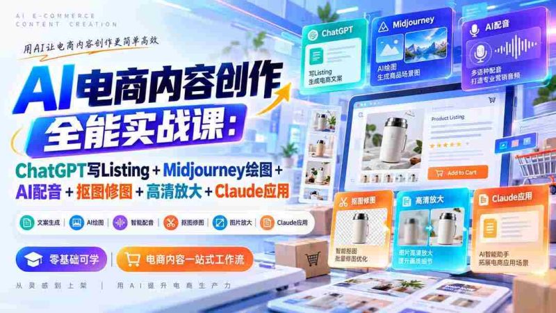 零水印】全方位AI电商内容制作课程:运用ChatGPT撰写商品描述+Midjourney绘制插图+AI配音技术+图像剪辑与修饰+高清图像处理+Claude应用技巧-湘创网
