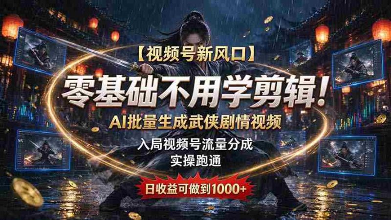 【视频号新风口】零基础不用学剪辑！AI 批量生成武侠剧情视频，入局视频号流量分成，实操跑通，日收益可做到 1000+-湘创网