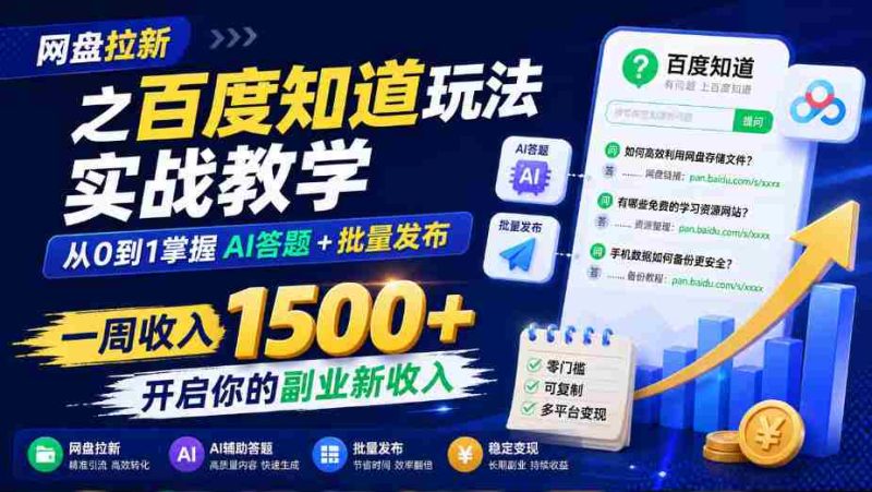 网盘拉新之百度知道玩法实战教学,从0到1掌握AI答题+批量发布,一周收入1500+,开启你的副业新收入-湘创网