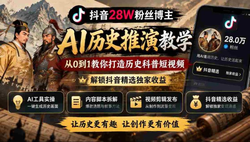揭秘:抖音28万粉丝大V的AI历史分析课堂,零基础教你制作热门历史科普视频,开启抖音收益新篇章-湘创网