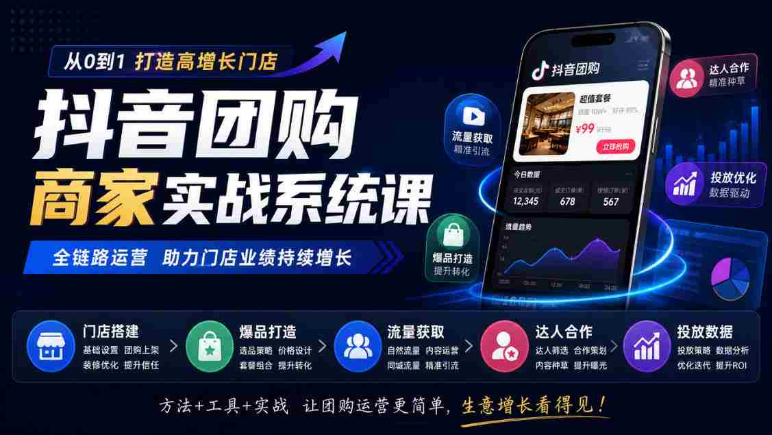抖音团购商家实战系统课|门店搭建、爆品打造、流量获取、达人合作、投放数据全链路运营