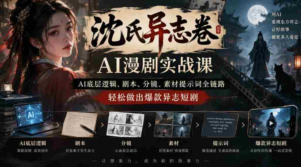 沈氏异志卷AI漫剧实战课|AI底层逻辑、剧本、分镜、素材提示词全链路,轻松做出爆款异志短剧