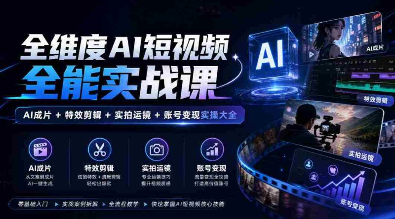 全面解锁AI短视频制作秘籍：涵盖AI剪辑、特效应用、镜头技巧与账号运营实战攻略-湘创网