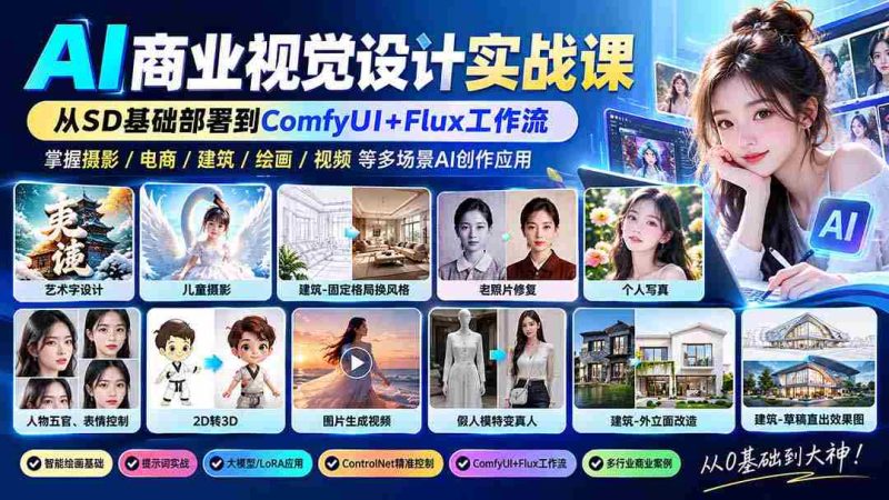 零水印】AI商业视觉设计实操教学:从SD核心部署至ComfyUI+Flux流程,解锁摄影、电商、建筑AI创作秘籍-湘创网