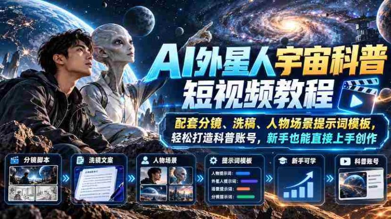 AI外星人宇宙科普短视频教程,配套分镜、洗稿、人物场景提示词模板,轻松打造科普账号,新手也能直接上手创作-湘创网