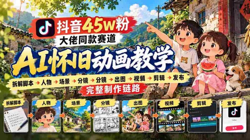抖音45W粉大佬同款赛道AI怀旧动画教学:拆解脚本→人物→场景→分镜→出图→视频→剪辑→发布完整制作链路-湘创网