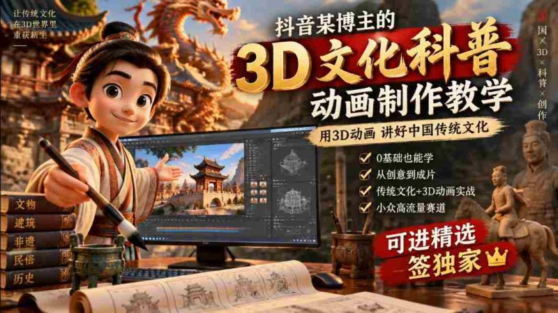 抖音某博主的3D文化科普动画制作教学，用3D动画呈现中国传统文化，可进精选签独家，单日收益1k+-湘创网