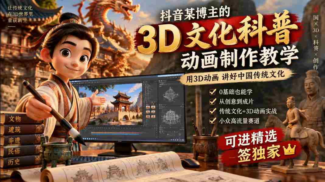 抖音某博主的3D文化科普动画制作教学，用3D动画呈现中国传统文化，可进精选签独家，单日收益1k+-湘创网