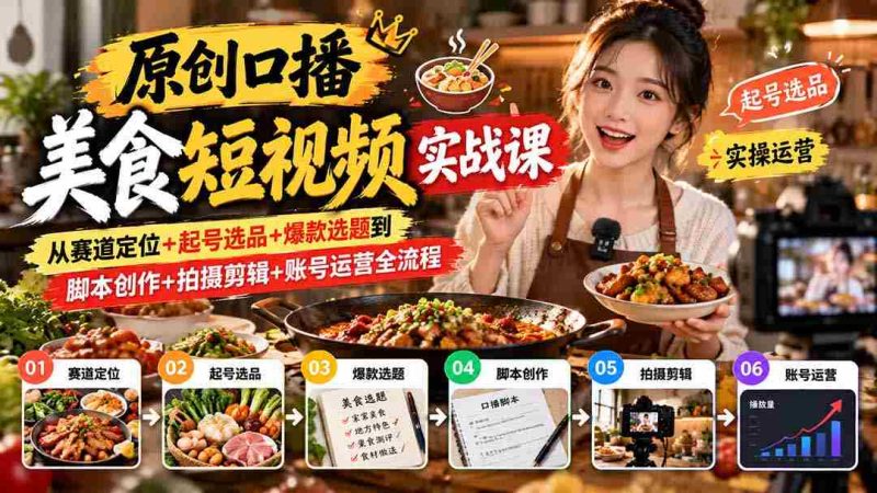 独家揭秘:一课精通美食短视频制作:从找准赛道、精选内容到爆款选题、脚本打磨,全方位指导拍摄剪辑与账号运营技巧-湘创网