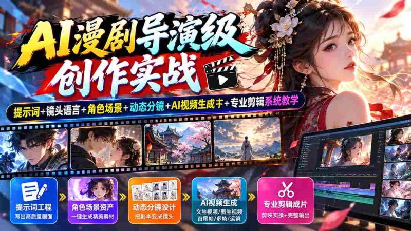 AI漫剧导演级创作实战:提示词+镜头语言+角色场景+动态分镜+AI视频生成+专业剪辑系统教学-湘创网