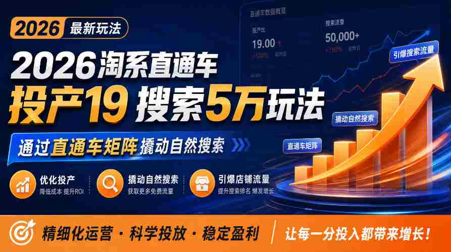 2026淘系直通车投产19搜索5万玩法,通过直通车矩阵撬动自然搜索,帮助商家优化投产,引爆店铺搜索流量