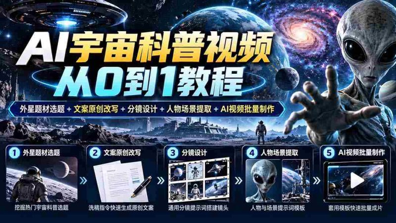 AI宇宙科普视频从0到1教程|外星题材选题+文案原创改写+分镜设计+人物场景提取+AI视频批量制作-湘创网
