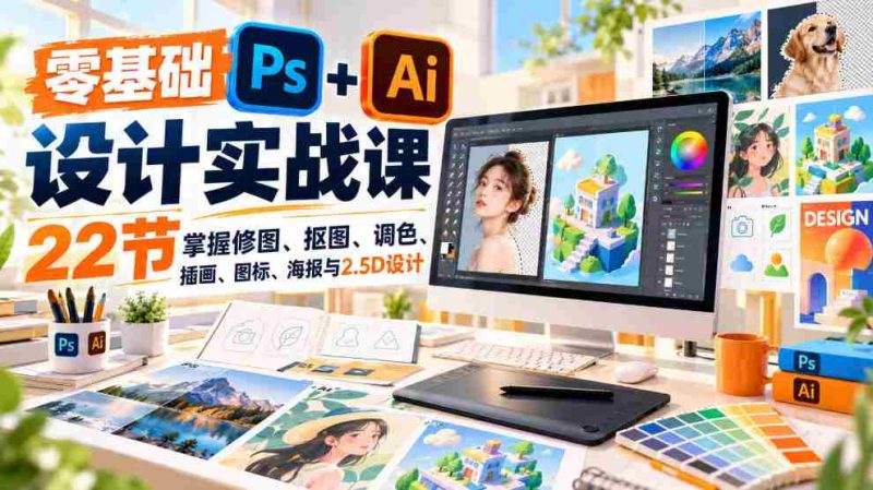 免费】小白也能轻松学会的PS和AI设计课程|22节课解锁修图、抠图、调色等实用技能-湘创网