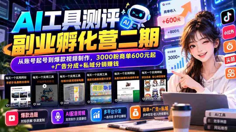 AI工具测评副业孵化营二期:从账号起号到爆款视频制作,3000粉商单600元起+广告分成+私域分销赚钱-湘创网