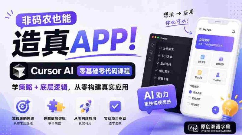 非码农也能造真APP!Cursor AI零基础零代码课程:学策略+底层逻辑,从零构建真实应用【原创双语字幕】-湘创网