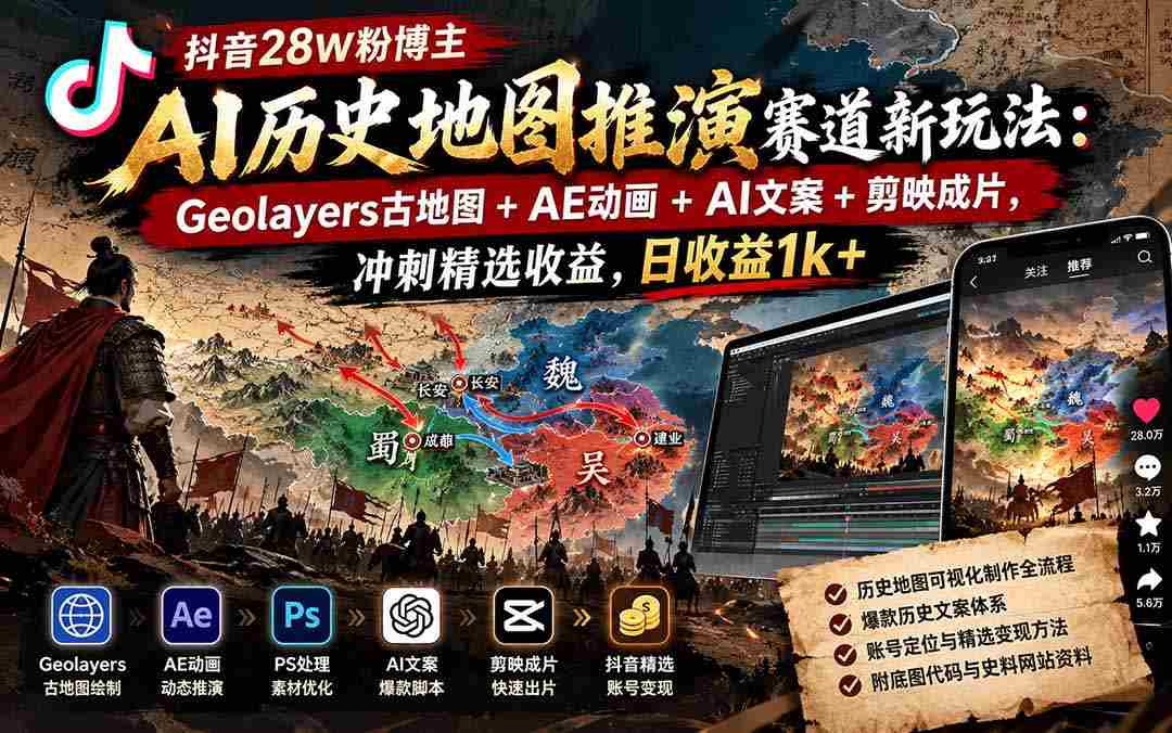 探索抖音AI历史地图创新玩法：Geolayers古地图、AE动画、AI文案融合剪映，28万粉丝博主领跑，日收入突破千元-湘创网