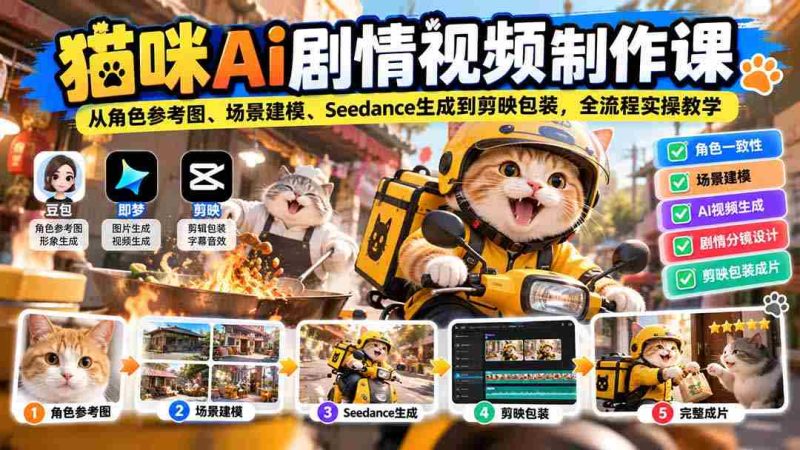 猫咪AI剧情视频制作课:从角色参考图、场景建模、Seedance生成到剪映包装,全流程实操教学-湘创网