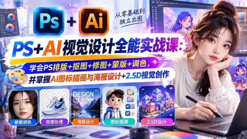 零基础精通】PS与AI视觉设计大师班：全面掌握PS排版技巧、抠图修图艺术，深度解析蒙版调色，同时解锁AI图标插画与海报制作、2.5D视觉创作秘密-湘创网