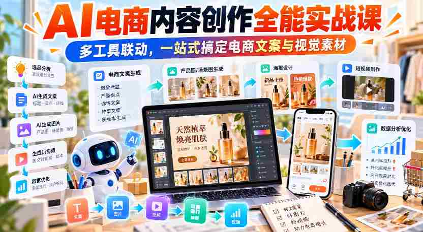 【无水印】AI电商内容创作全能实战课｜多工具联动，一站式搞定电商文案与视觉素材-湘创网