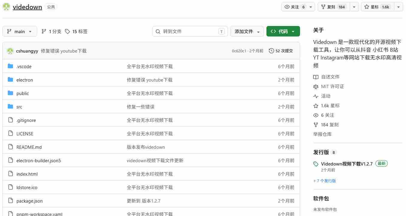 GitHub上1.6k stars开源下载器，界面清爽免费用，小红书某音B站youtube视频一键保存Videdown