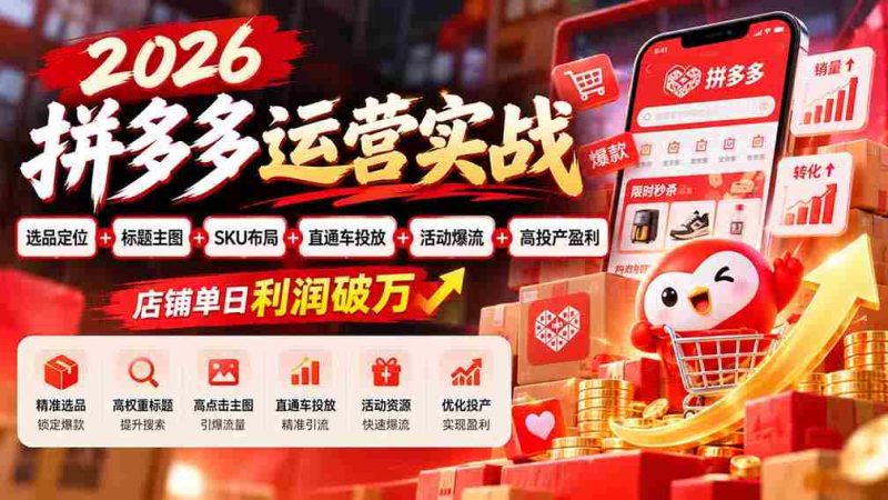 2026拼多多实战攻略:精选商品定位与优化,打造爆款标题与主图,SKU布局策略,直通车高效投放,活动引流技巧,实现店铺日利润过万-湘创网