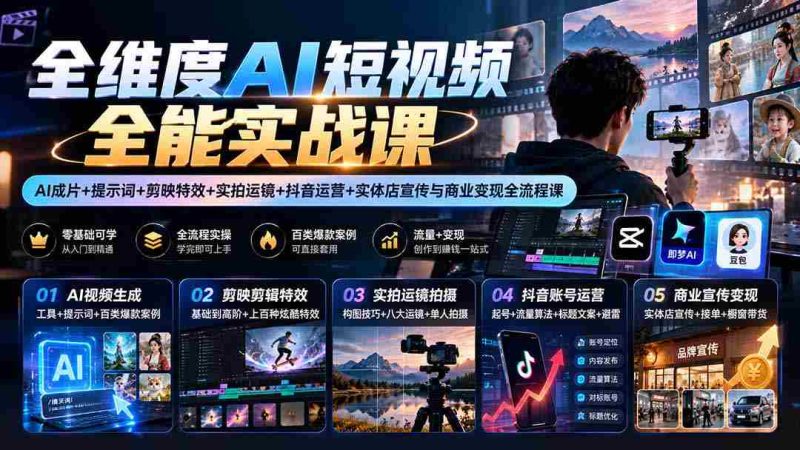 一网打尽】AI短视频制作高手训练营:从AI剪辑到抖音运营,全方位实操教学助力商业变现-湘创网