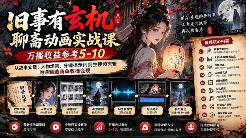 揭秘古事神秘面AI版聊斋动画实操课程来袭!9月开课,万播收益预估5-10元,涵盖故事文案、角色场景及分镜制作,助你轻松驾驭精选广告合作与学徒招募-湘创网